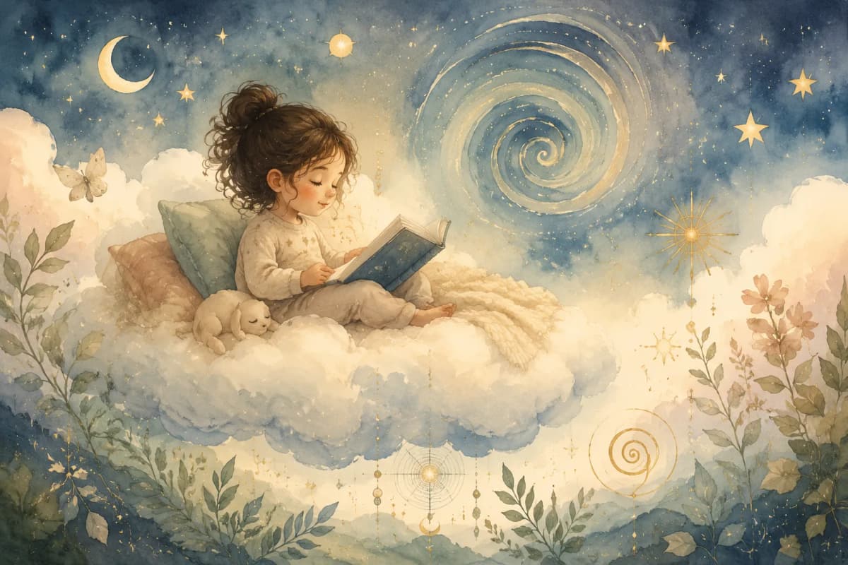 Uma criança lendo um livro sobre uma nuvem, sob um céu estrelado com lua e galáxia dourada.