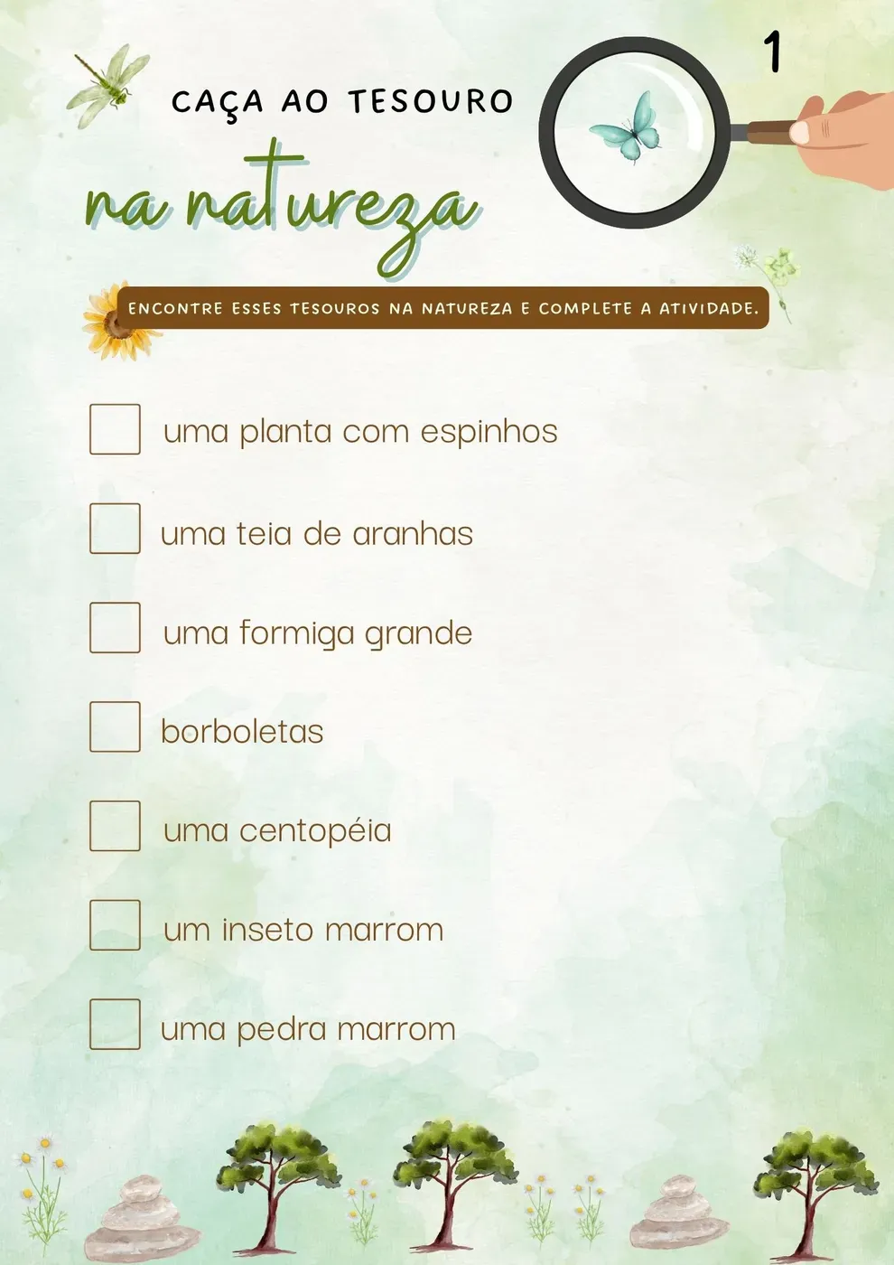 Ficha de caça ao tesouro colorida com 7 tesouros