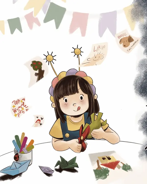 Violeta criando e brincando — ilustração do livro A Menina que Não Dormia