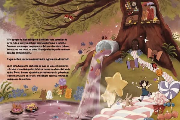 Página aberta do livro — Violeta descobre a lanterna colorida na floresta encantada