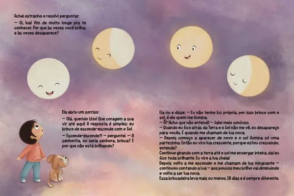 Página aberta do livro — Lírio conversando com a Lua sobre suas fases